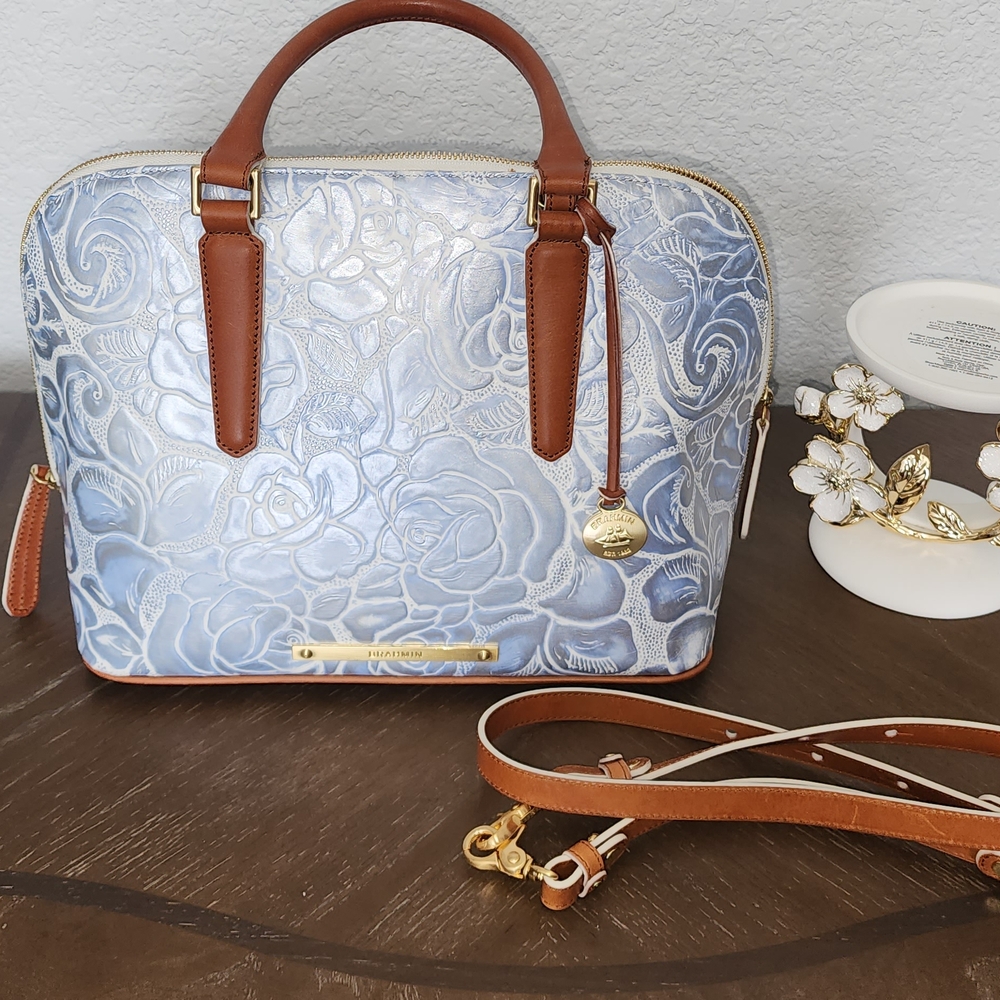 Brahmin Blue and Brown Embossed Leather Satchel